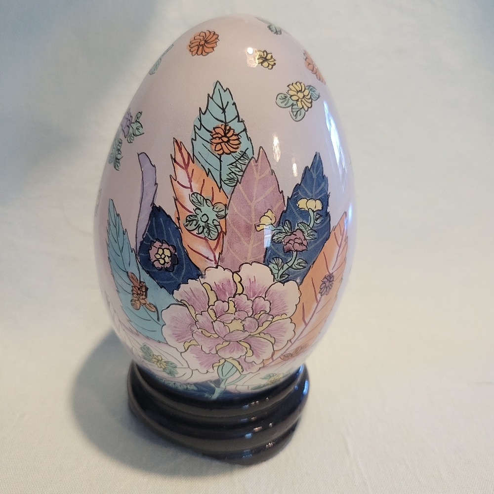 Vintage, Hand Painted From Inside,Floral Egg Art in Pastel Pink,with Stand.